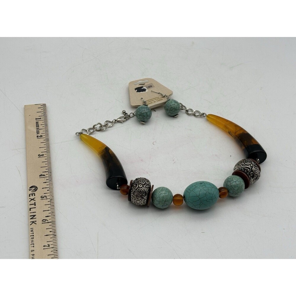 Prizma Faux Turquoise Amber Lucite Statement Necklace & Earrings Set Boho